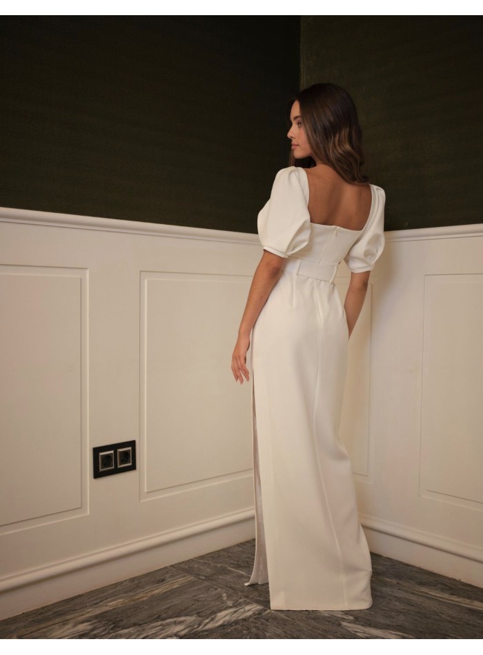 Long white dress with short puffed sleeves
