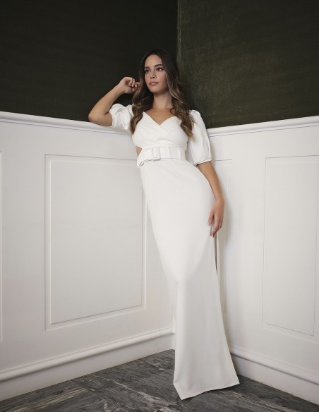 Long white dress with short puffed sleeves