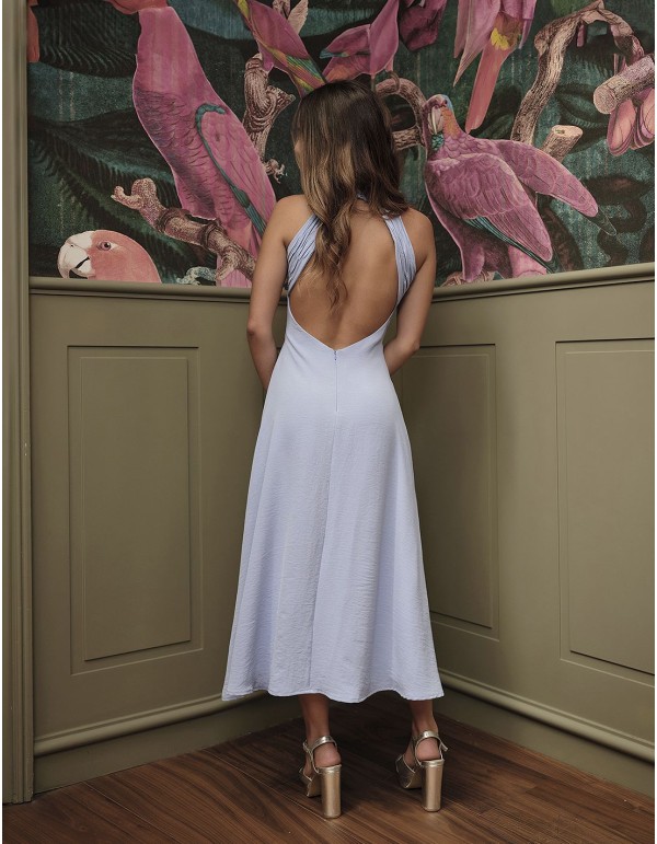 Robe de soirée midi bleu clair avec encolure licou 2