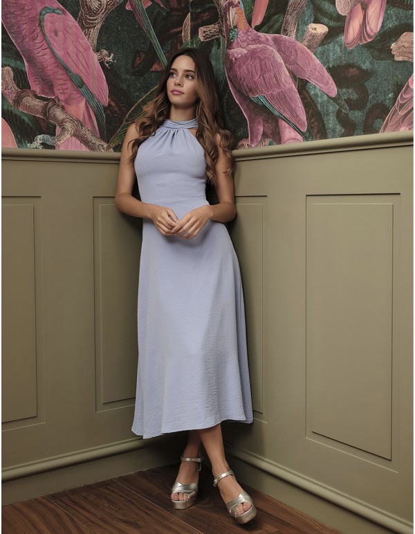Light blue midi party dress with halter neckline