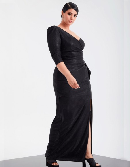Long party dress with sparkles and asymmetrical neckline