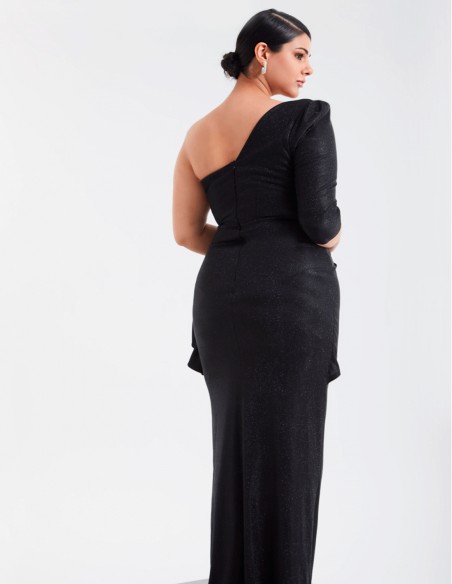 Vestido largo de fiesta con destellos y escote asimétrico