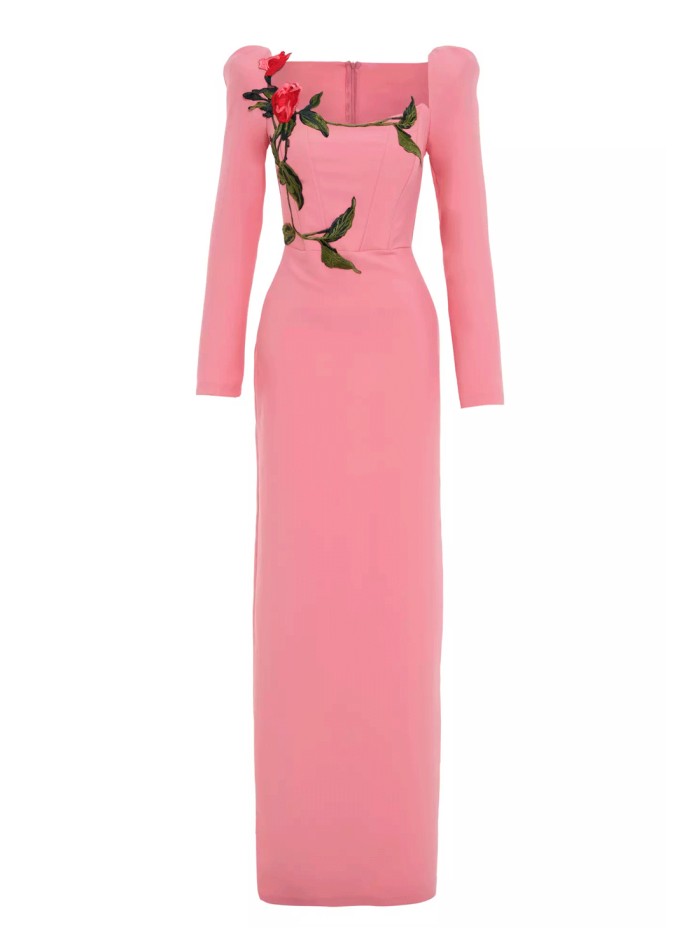 Evening dress with puffed sleeves and embroidery