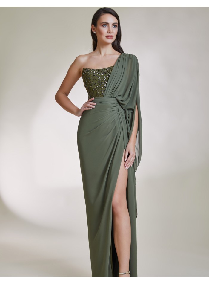 Long party dress with asymmetrical neckline and...