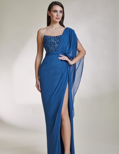 Long party dress with asymmetrical neckline and rhinestones