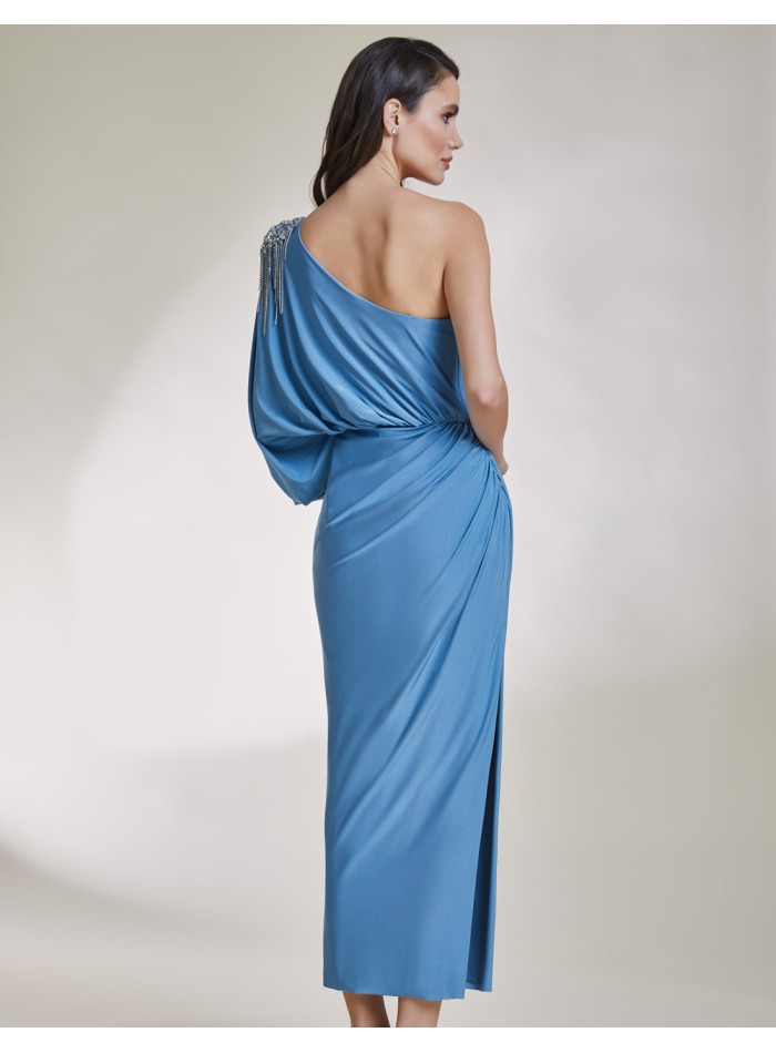 Asymmetric midi party dress with jewel applique for guests