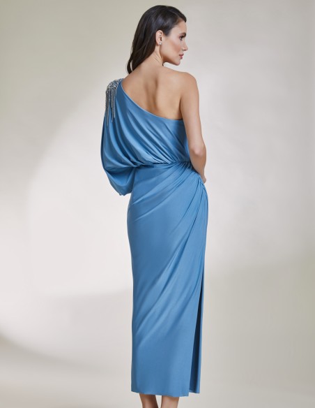 Vestido de fiesta midi asimétrico con aplique joya azul