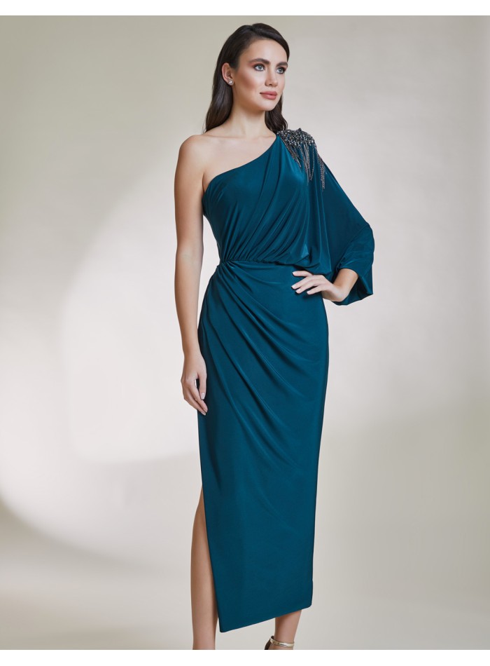 Asymmetric midi party dress with jewel applique blue