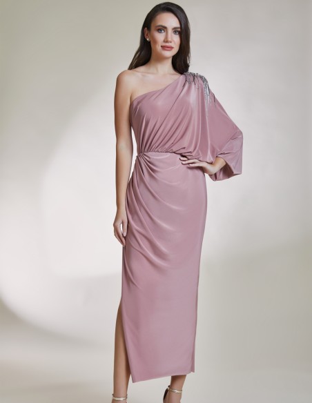 Vestido de fiesta midi asimétrico con aplique joya