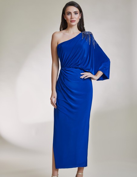 Asymmetric midi party dress with jewel applique