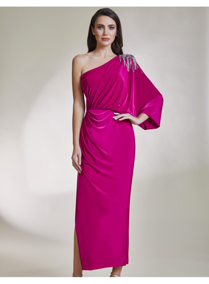 Asymmetric midi party dress with jewel applique blue