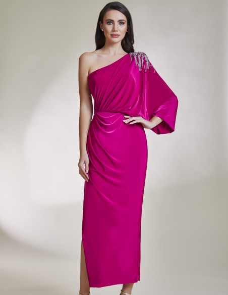 Asymmetric midi party dress with jewel applique