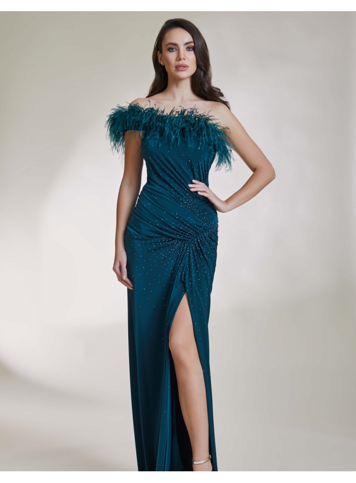 Long party dress with slit and feathered neckline