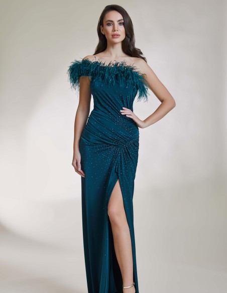 Long party dress with slit and feathered neckline