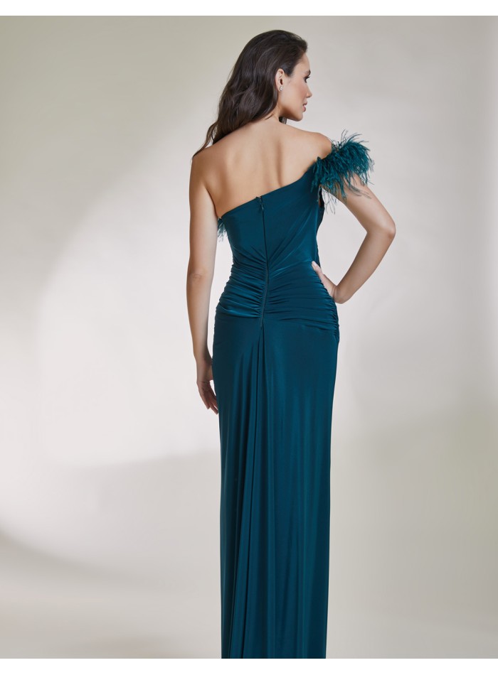 Long party dress with slit and feathered neckline green