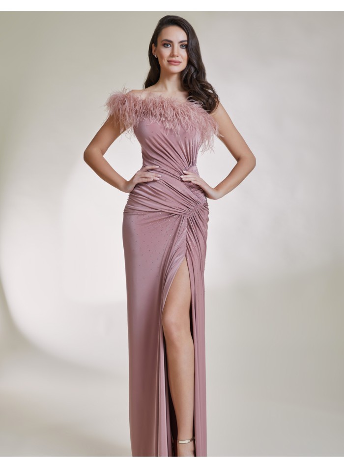 Long party dress with slit and feathered neckline