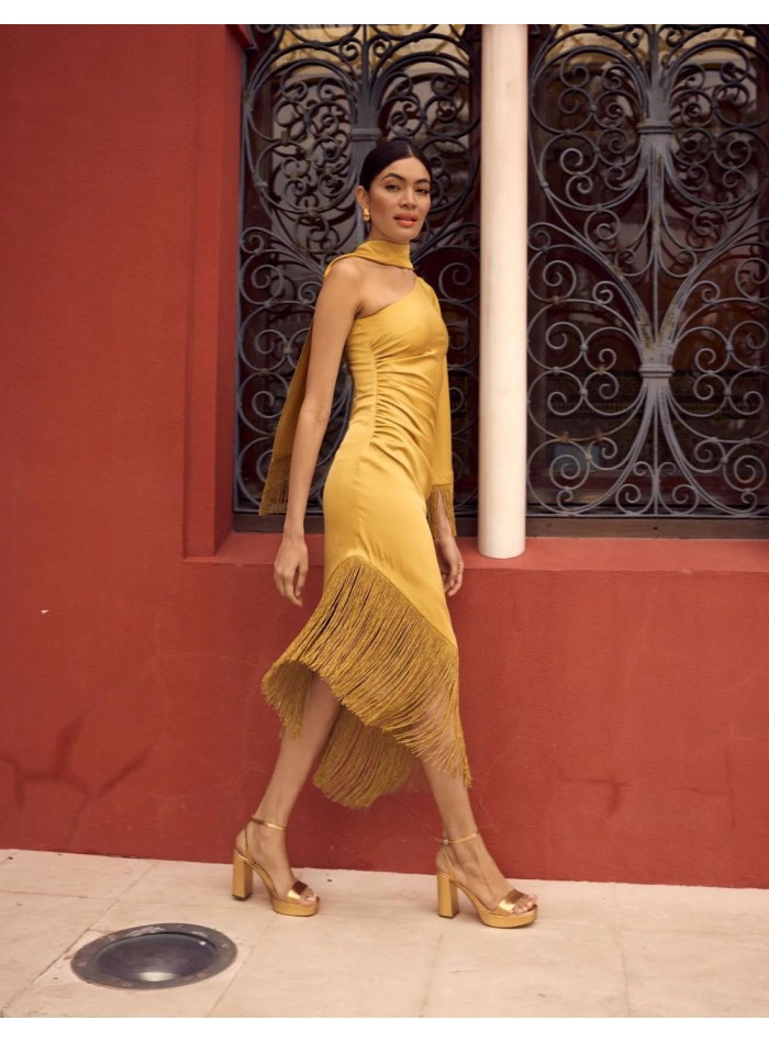 Women's gold midi party dress.