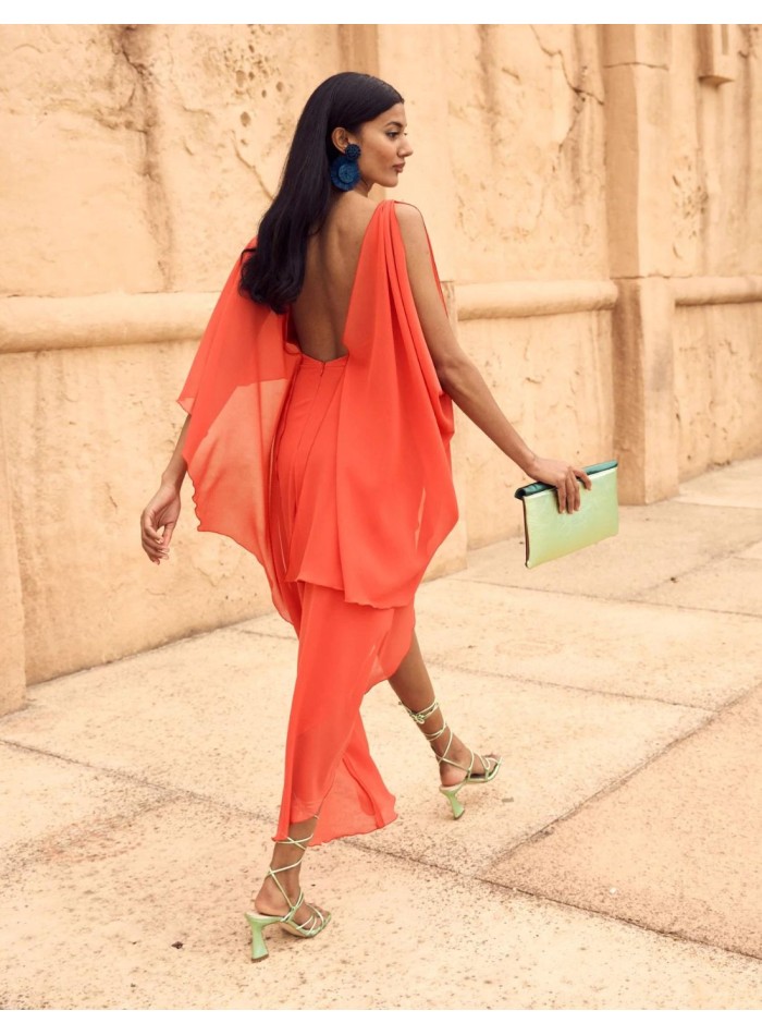 Midi party dress with chiffon cape.