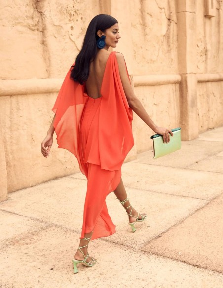 Midi party dress with chiffon cape.