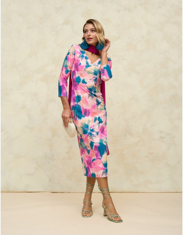Vestido de fiesta midi estampado con espalda al aire y escote en V