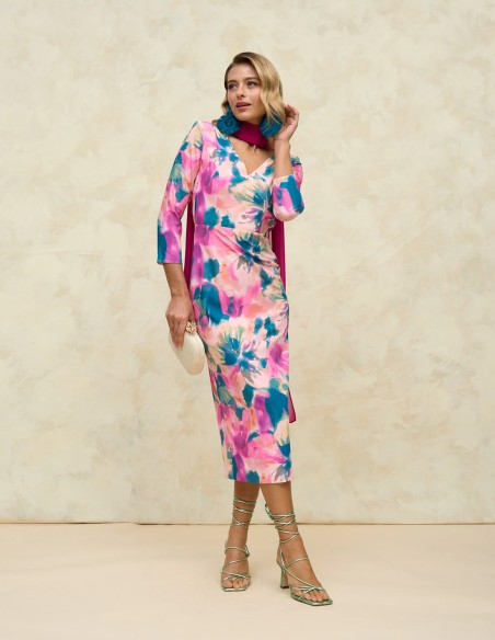 Vestido de fiesta midi estampado con espalda al aire y escote en V