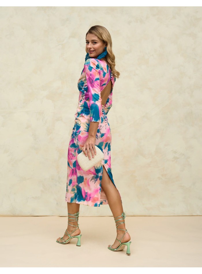 Printed midi party dress with open back and V-neckline guest