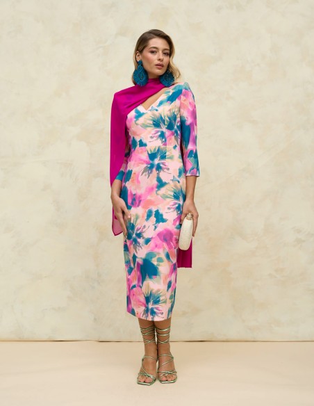 Vestido de fiesta midi estampado con espalda al aire y escote en V como invitada