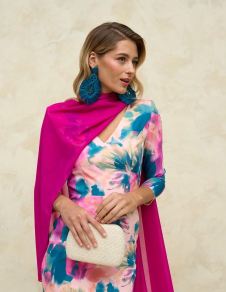 Printed midi party dress with open back and V-neckline