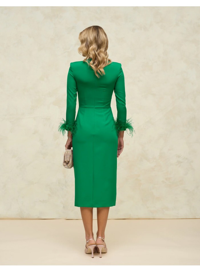 Midi ball gown with crossover skirt and feather...