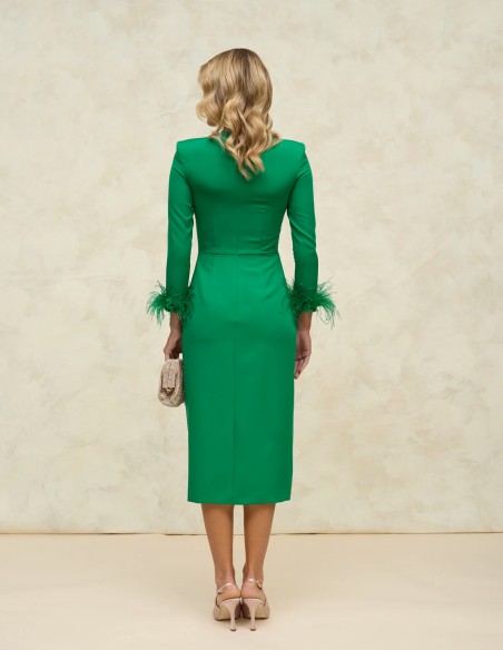 Midi ball gown with crossover skirt and feather cuffs