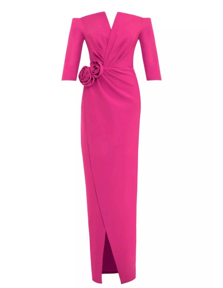 Vestido de fiesta largo con escote bandeau y detalle de flor Fucsia