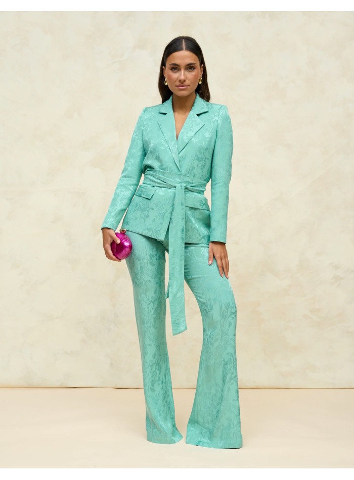 Pantalón de traje acampanado de tiro alto en tejido jacquard verde menta