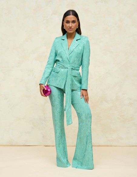 Pantalón de traje acampanado de tiro alto en tejido jacquard verde menta