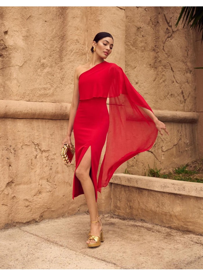 Red midi party dress for guests.
