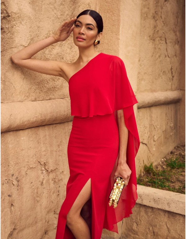 Red midi party dress for guests. 2