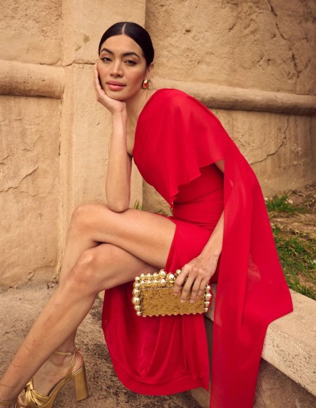 Midi party dress with chiffon overlay.