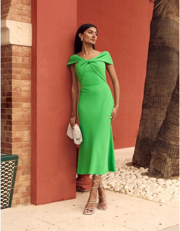 Green midi party dress for guests.