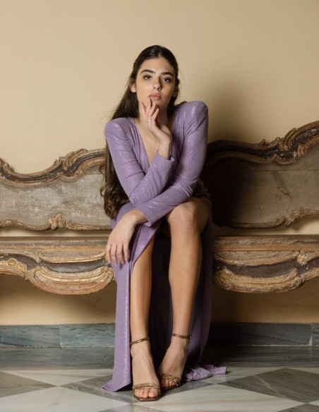 Long purple lurex party dress with skirt slit