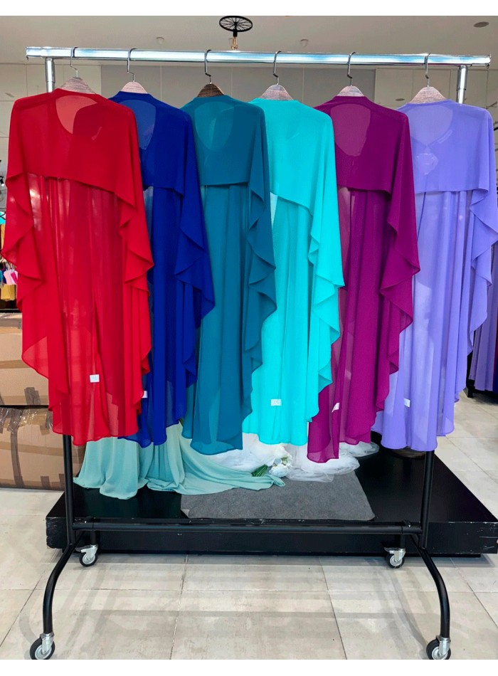 Asymmetrical multiposition chiffon guest cape