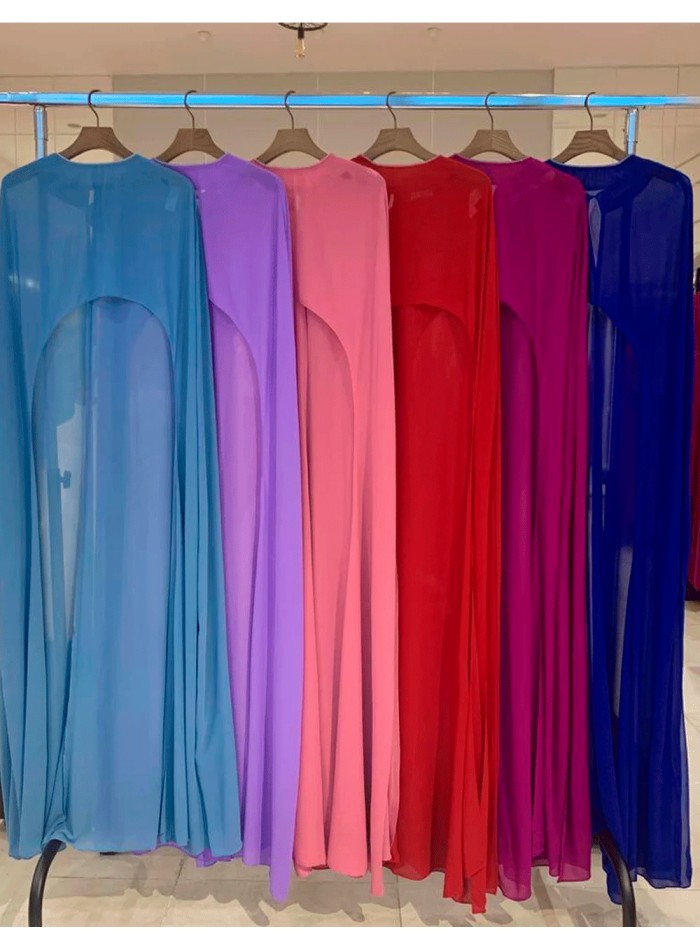 Asymmetrical multiposition chiffon guest cape Maxi