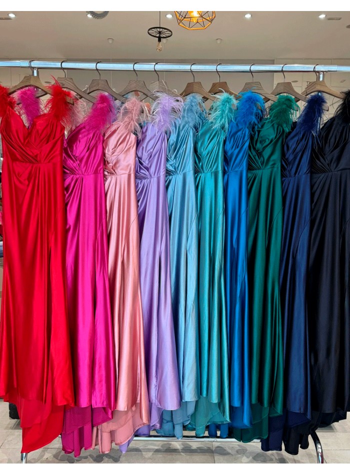 Satin evening dress with bandeau neckline and...