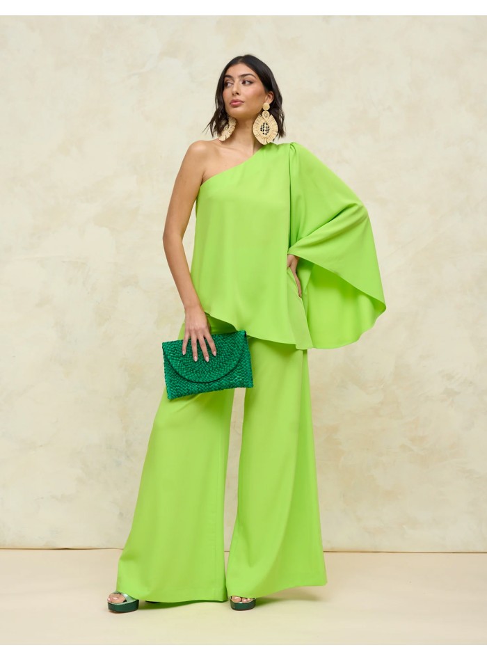 Asymmetrical party blouse with flowing flared sleeves lime