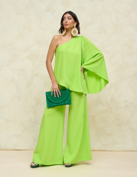 Asymmetrical party blouse with flowing flared sleeves lime