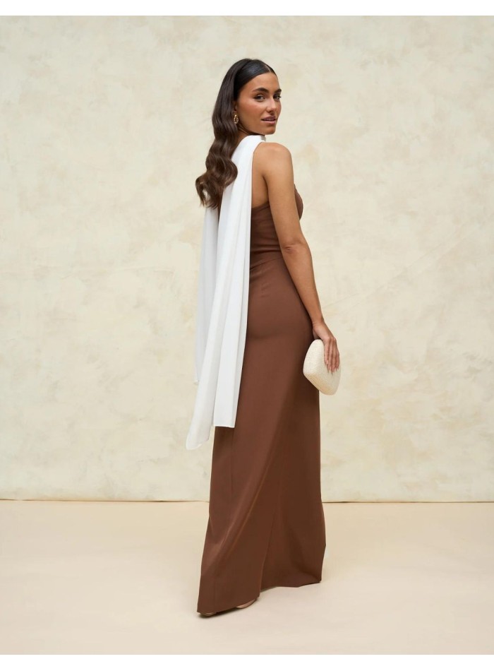 Bicolour long party dress with ruffle.