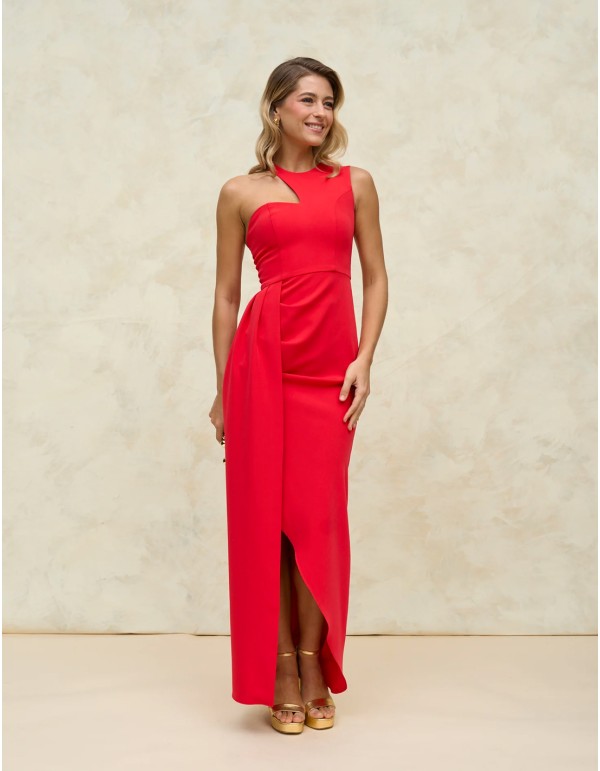 Long party dress with asymmetric neckline and crossover skirt