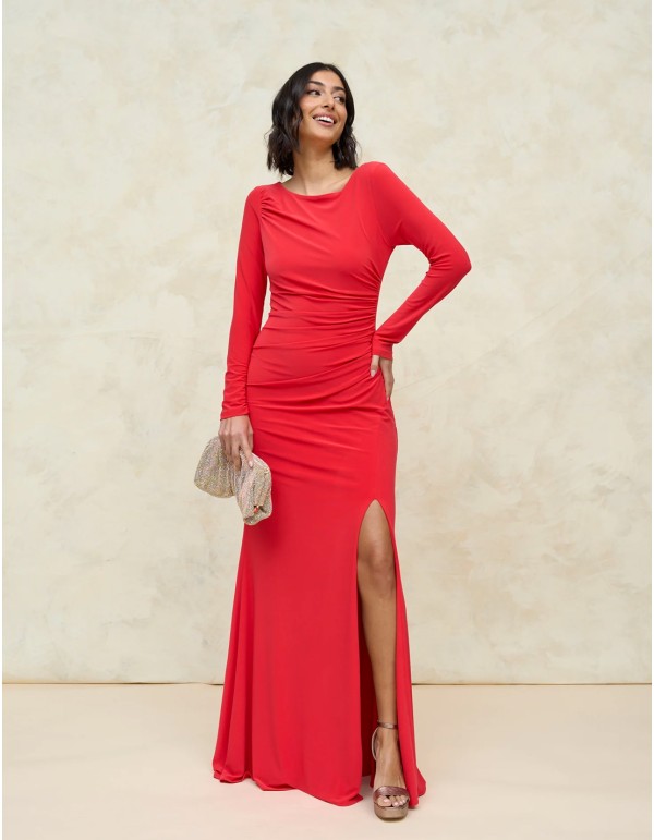 Long party dress in silk knit with ruching and slit 2