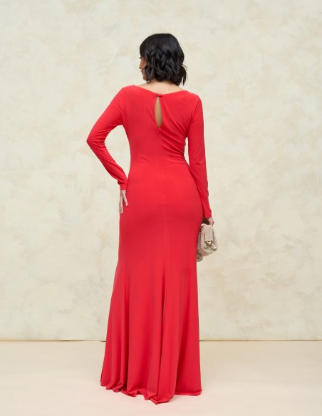 Long party dress in silk knit with ruching and slit