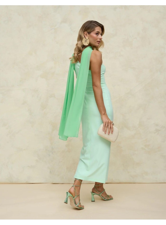 Mint green midi party dress for guests.