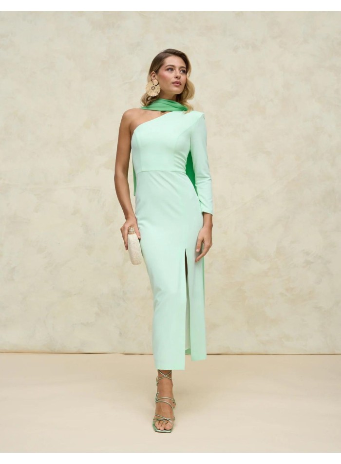 Midi party dress with asymmetric long sleeves.