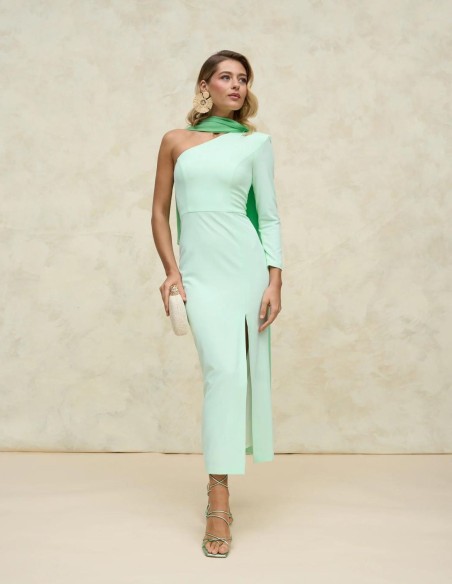 Midi party dress with asymmetric long sleeves.